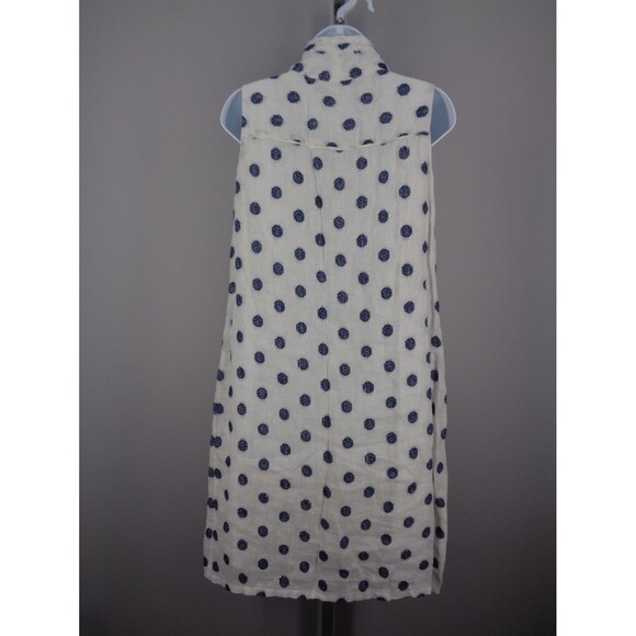 209 WST 38 Linen White Blue Polka Dot Tie Neck Sleeveless Button Dress Sz Small - Picture 2 of 12